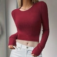 thumbnail image 3 of Scyoekwg Long Sleeve Crop Tops for Women Solid Color Round Neck Basic Short Tops Casual Comfy Slim Tops Pullover (Red,M), 3 of 6