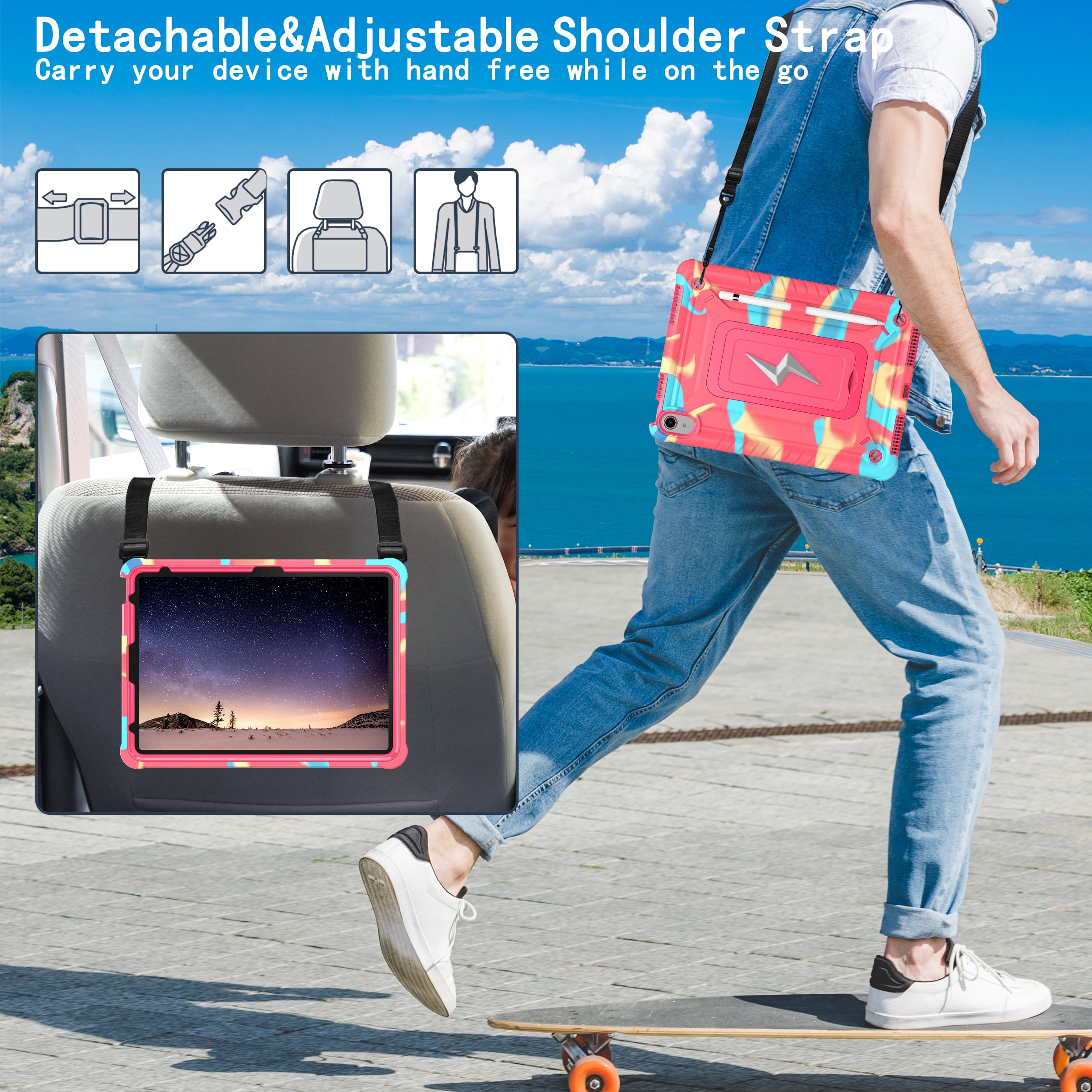 ELEHOLD For iPad Air 3rd Generation 2019 / iPad Pro 2017 10.5 inch ,Rugged Shockproof 3-Layer Kickstand Pencil Holder Protective Case with Shoulder Strap for Kids,Outdoor Travel,Rainbowrose