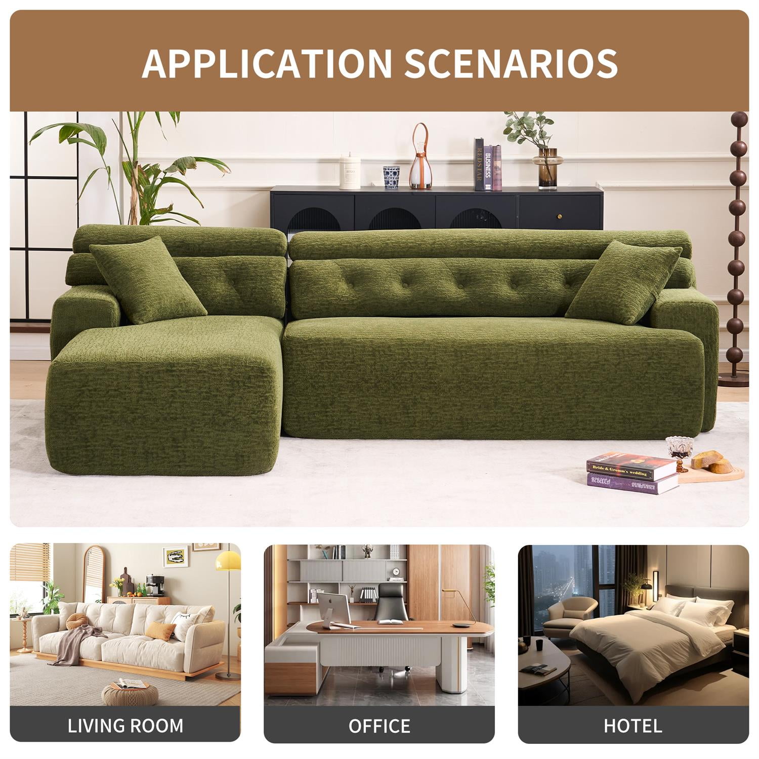 Demi Bonn 105" Modern L-Shaped Sectional Sofa, 3-Seater Couch with Chaise Lounge, 2 Accent Pillows, Wood Grain Chenille Fabric for Living Rooms, Green