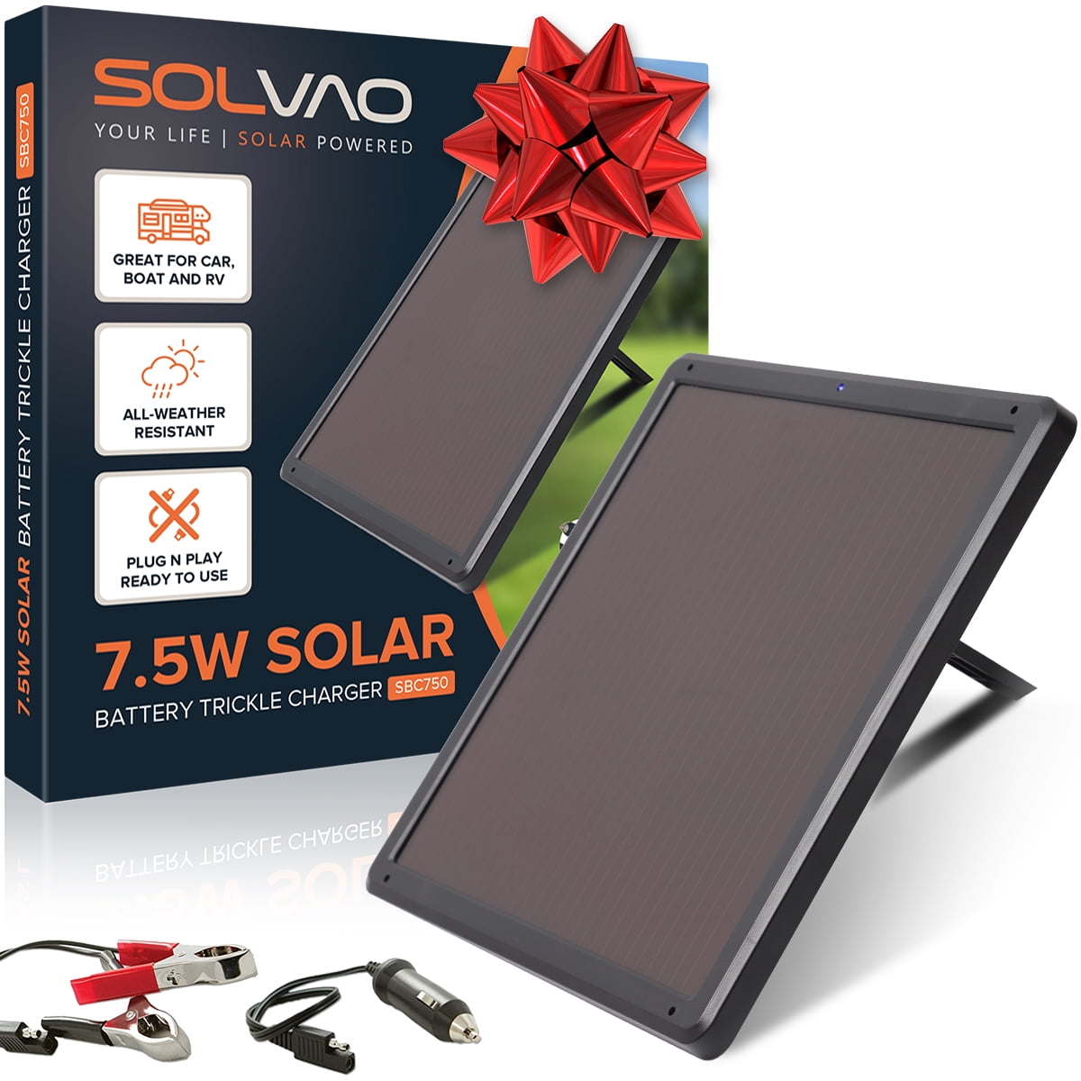 SOLVAO 7.5W Solar Battery Charger & Maintainer - Solar Panel for 12 Volt Batteries for Cars, Automotive & Other Vehicles