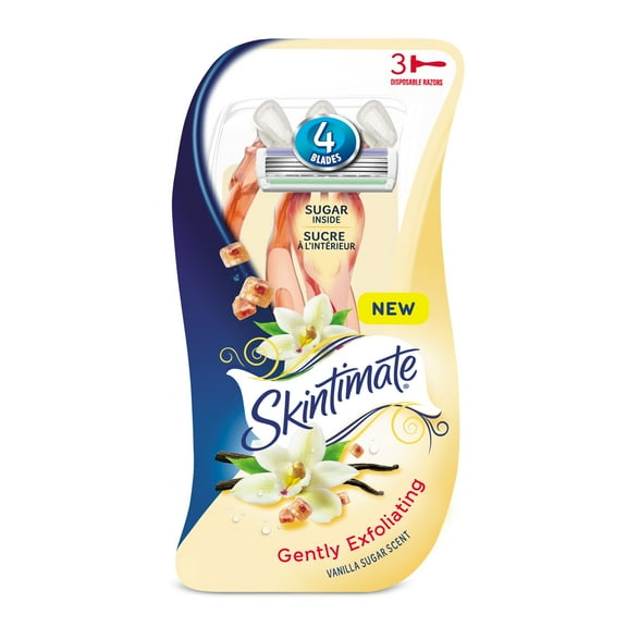 Skintimate Vanilla Sugar Exfoliating Women's 4-Blade Disposable Razors, 3 Ct, All Skin Types