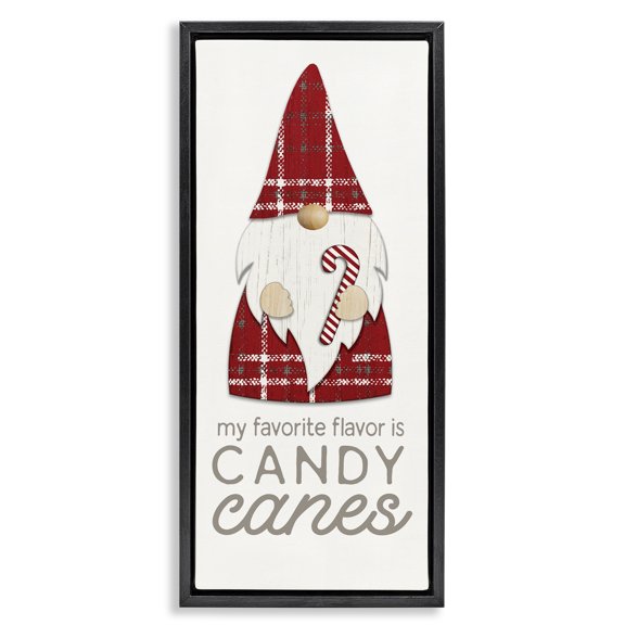 Stupell Industries Christmas Gnome with Candy Cane Holiday Painting Black Floater Framed Canvas Art Print Wall Art, 11 x 25