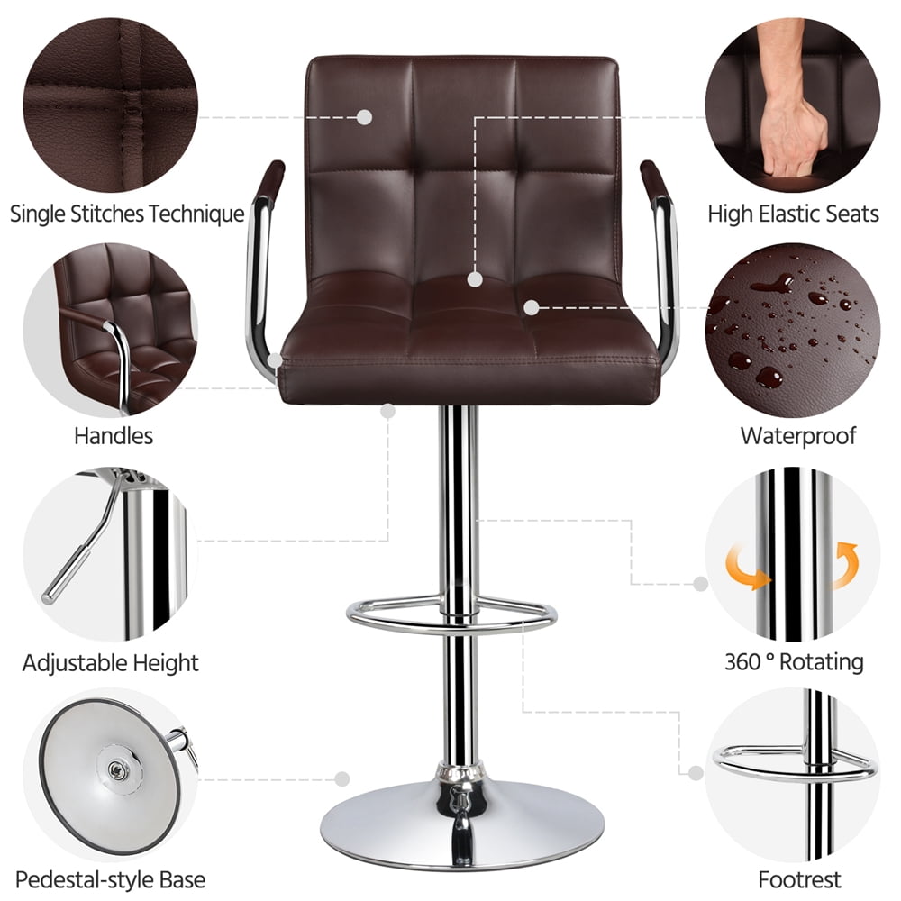 Alden Design Height Adjustable Modern Faux Leather Bar Stools Swivel Chairs, Set of 2, Brown