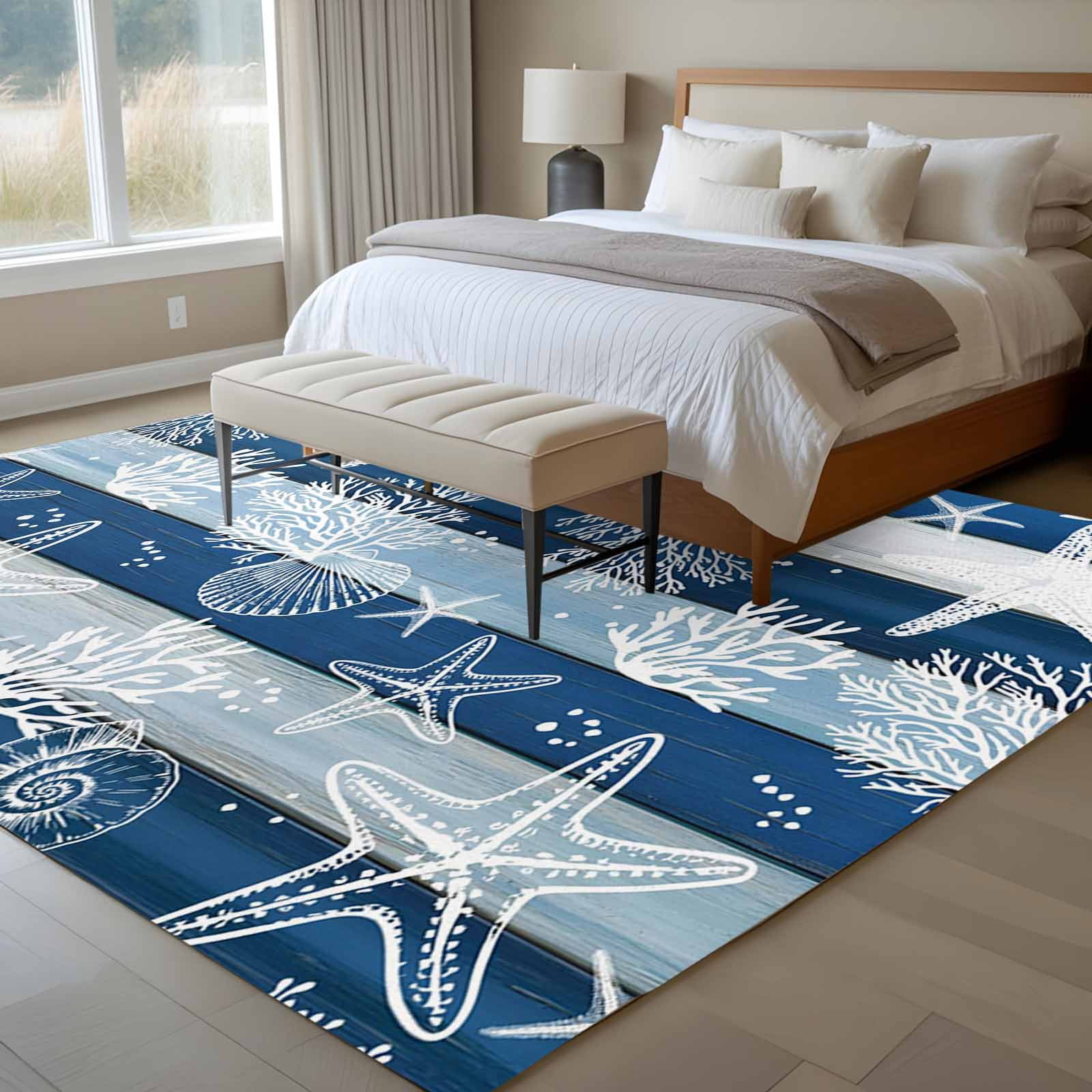 Large Area Rugs for Living Room Bedroom, Navy Blue Coastal Beach 8'x10' Rug Washable Carpet Runner Indoor Outdoor, Nautical Starfish Coral Vintage Wooden Non Slip Floor Mats Rug for Kitchen, Patio