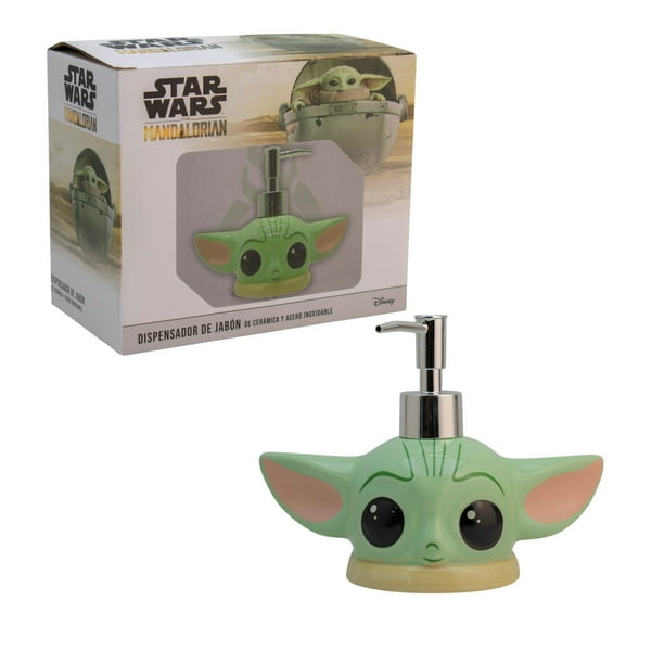 Dispensador de Cerámica para Jabón Líquido Recargable, Colección Disney Star Wars, Cabeza Grogu The Mandalorian, Capacidad 250 Ml con Caja Regalo