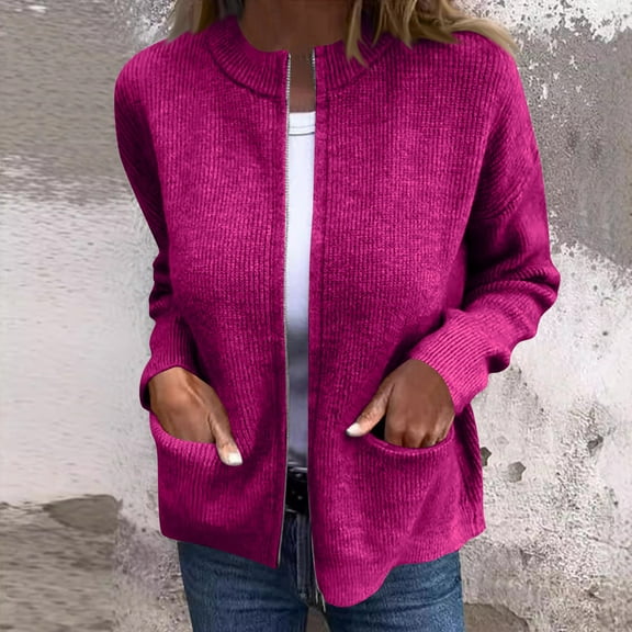 HAPIMO Women's Knitted Jacket Casual Comfy Stand Collar Sweater Solid Zip Up Jacket Coat Lightweight Fall Winter Ribbed Knit Sweater Hot Pink L