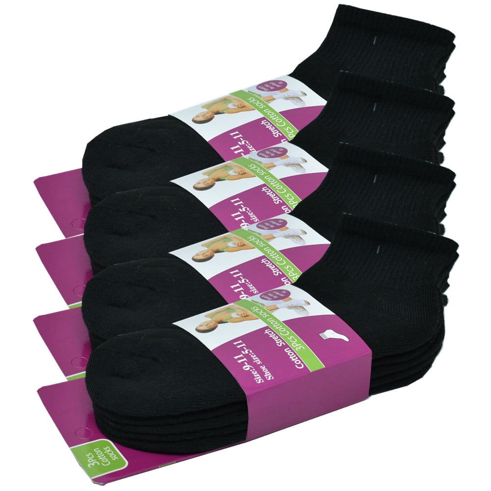 12 Pairs Women's Cotton Solid Black Athletic Cushioned Ankle Quarter Socks Size 9-11
