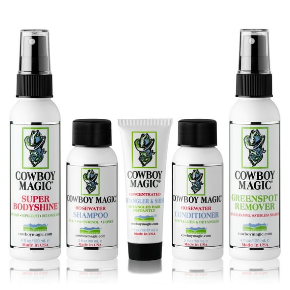Cowboy Magic: Sample Kit | Includes Rosewater Shampoo (2 Oz), Rosewater Conditioner (2 Oz), Super Bodyshine (3.4 Oz), Greenspot Remover (3.4 Oz), and Detangler & Shine (1 Oz)