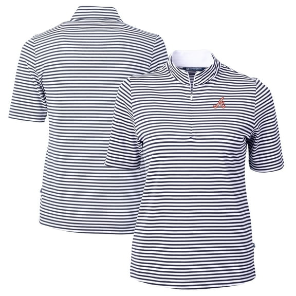 Women's Cutter & Buck Navy/White Atlanta Braves Virtue Eco Pique Stripe Recycled Tri-Blend Quarter-Zip Top