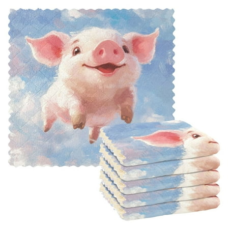 

6 Pack Kitchen Dish Towels 11 Inch x 11 Inch Reusable Cleaning Cloths for Washing Dishes Dish Cloths for Drying Dishes Flying Cute Pig