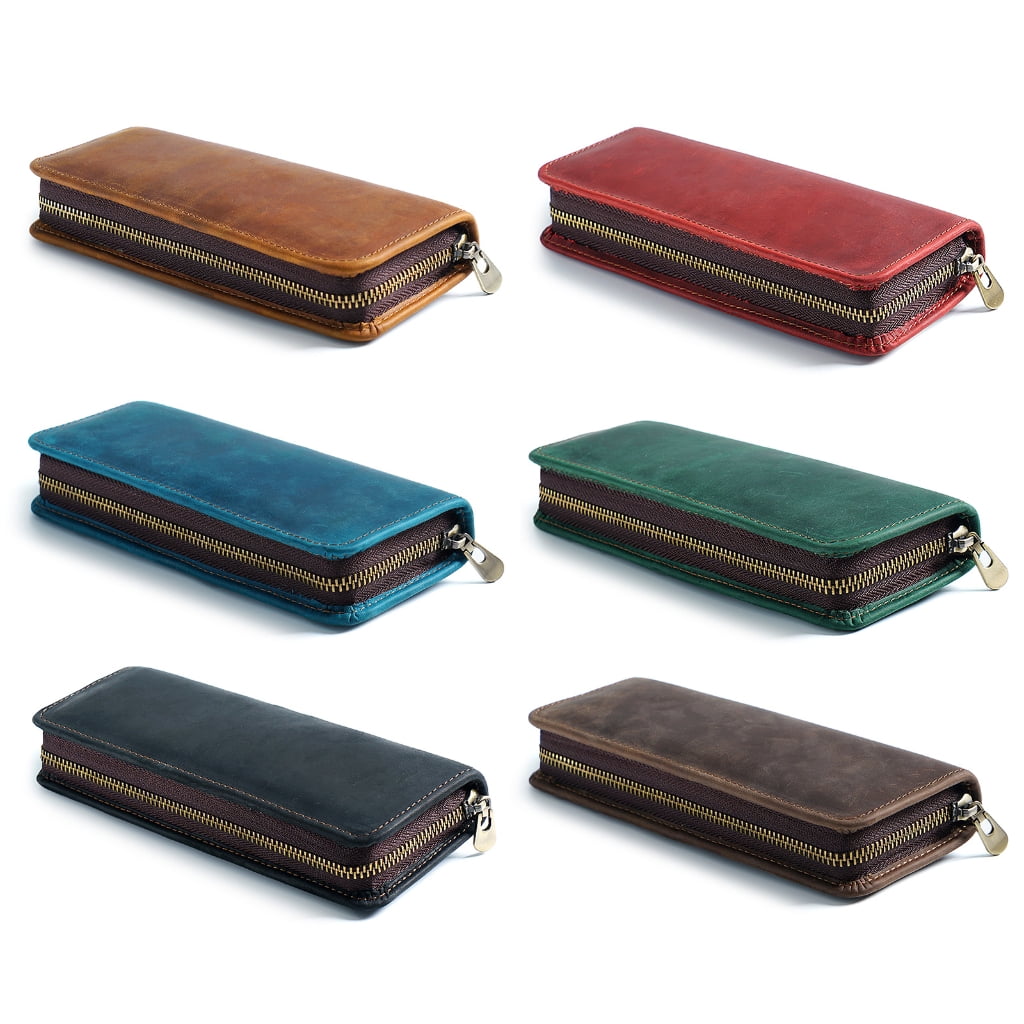 Leather Pen Case Zippered Leather Pen Pouches Elastic Pen Slots for Women Men