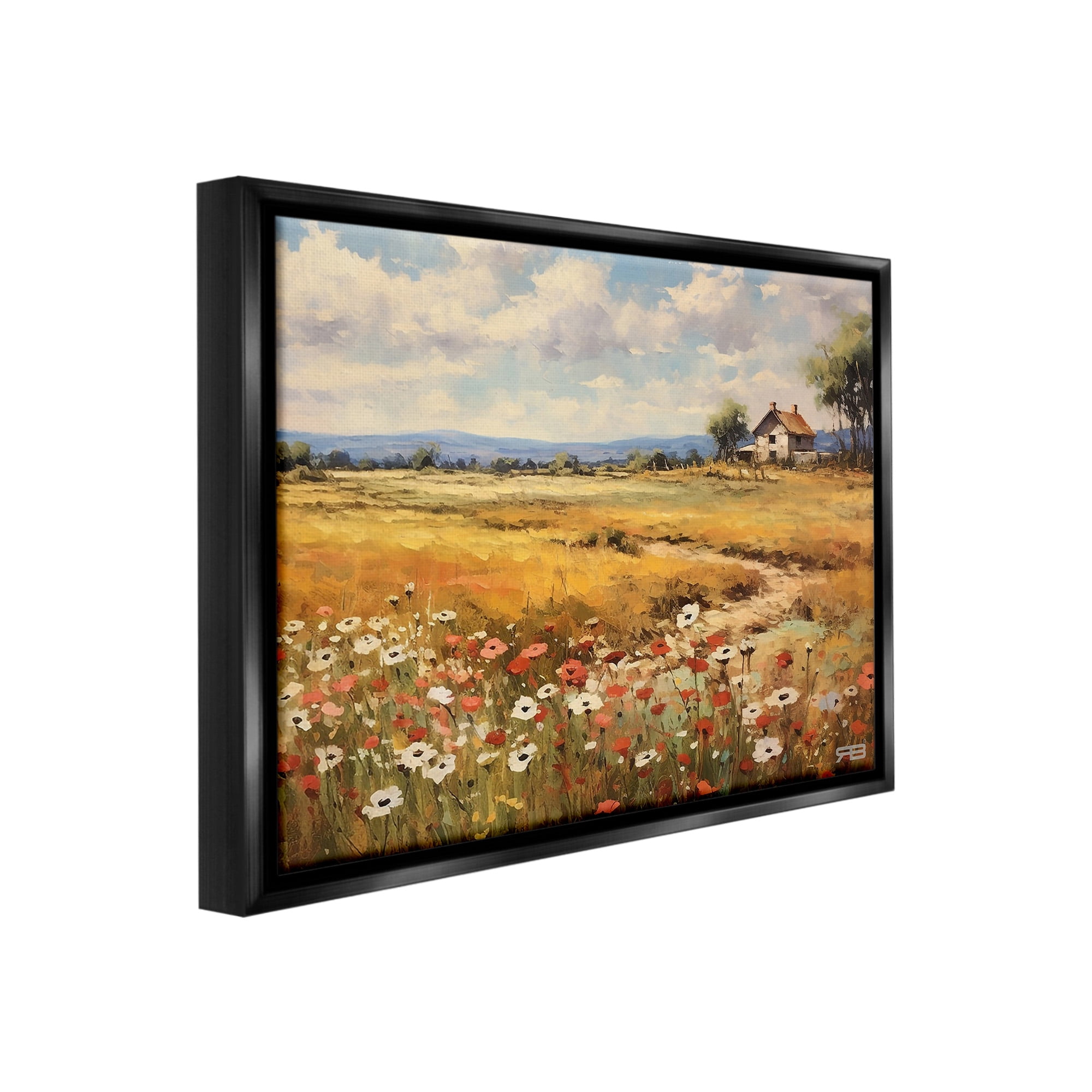 Stupell Industries Countryside Poppy Meadow Landscape Painting Black Floater Framed Canvas Art Print Wall Art, 31 x 25