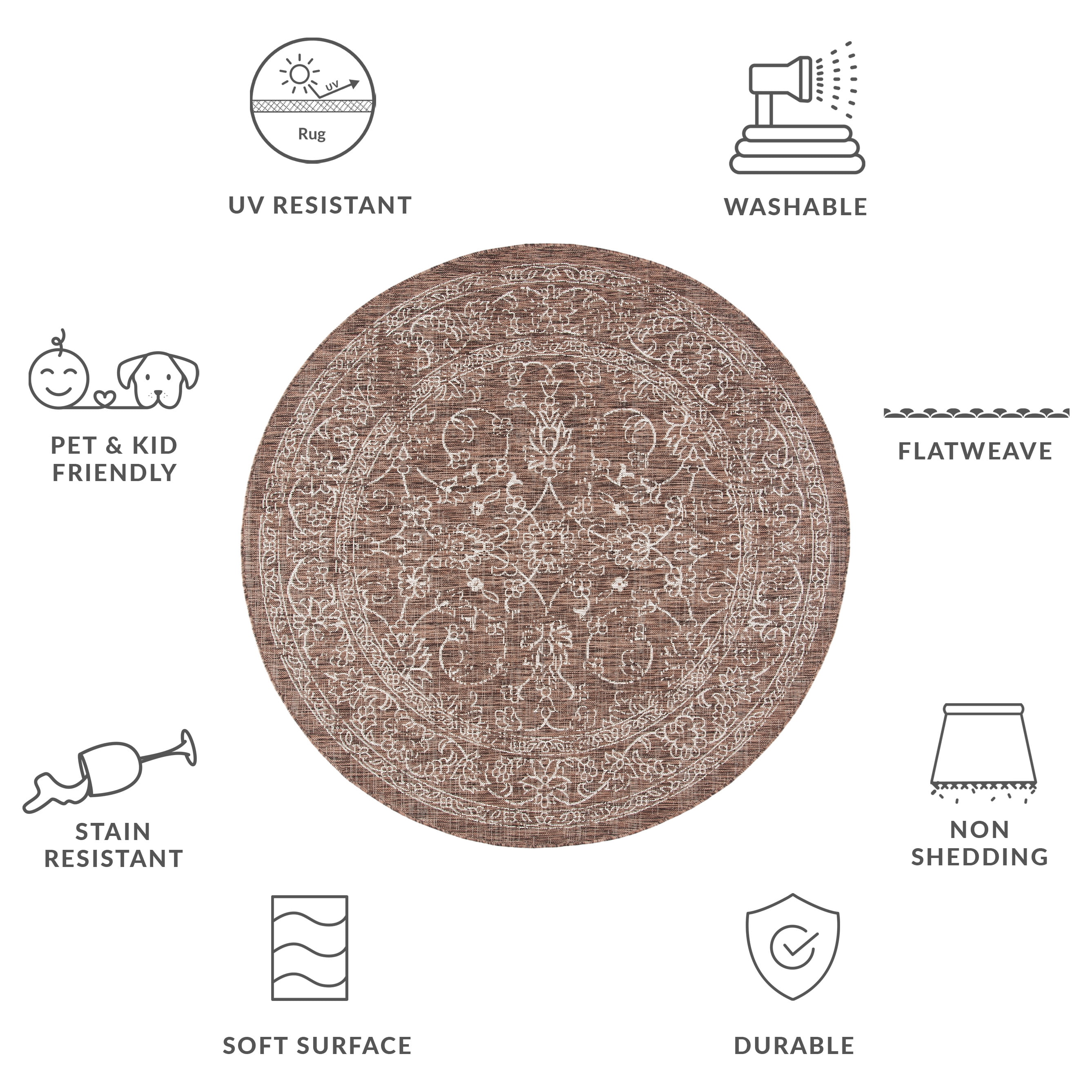 SAFAVIEH Courtyard Darin Traditional Indoor/Outdoor Area Rug, 6'7" x 6'7" Round, Brown/Ivory