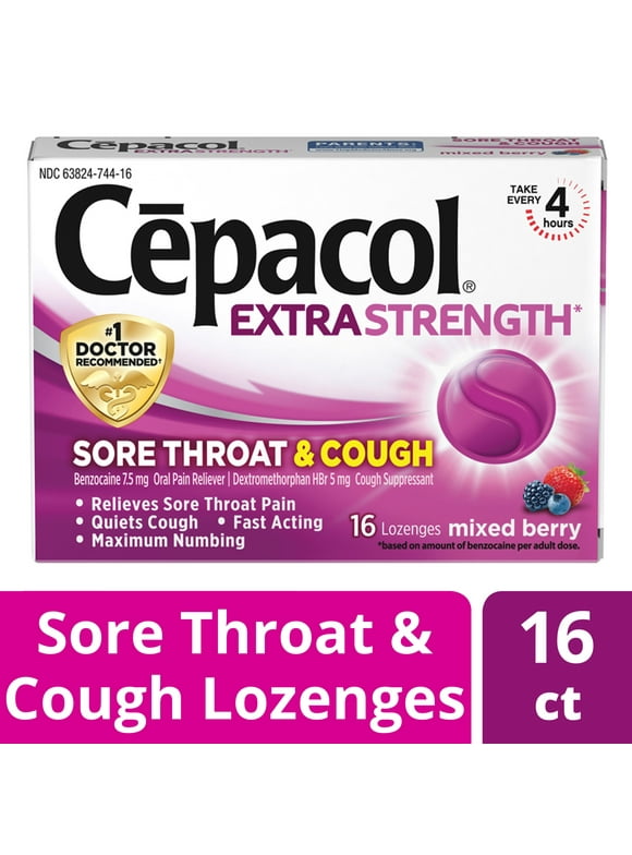 Cepacol Extra Strength Sore Throat & Cough Lozenges, Powerful Symptom Relief, Quiet Cough, Oral Pain Reliever, Mixed Berry Flavor, 16 Lozenges