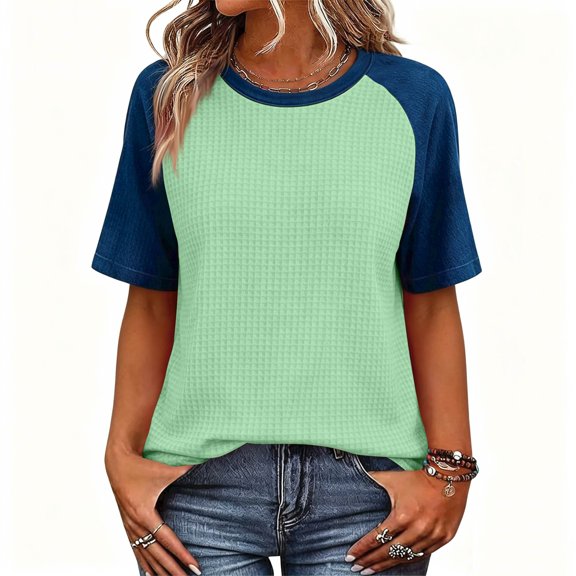 Dresfit Womens Tops Crewneck Waffle Knit Shirts 2026 Summer Denim Short Sleeve Outdoor Shirt Loose Fit Color Block Breathable Baseball T Shirt S