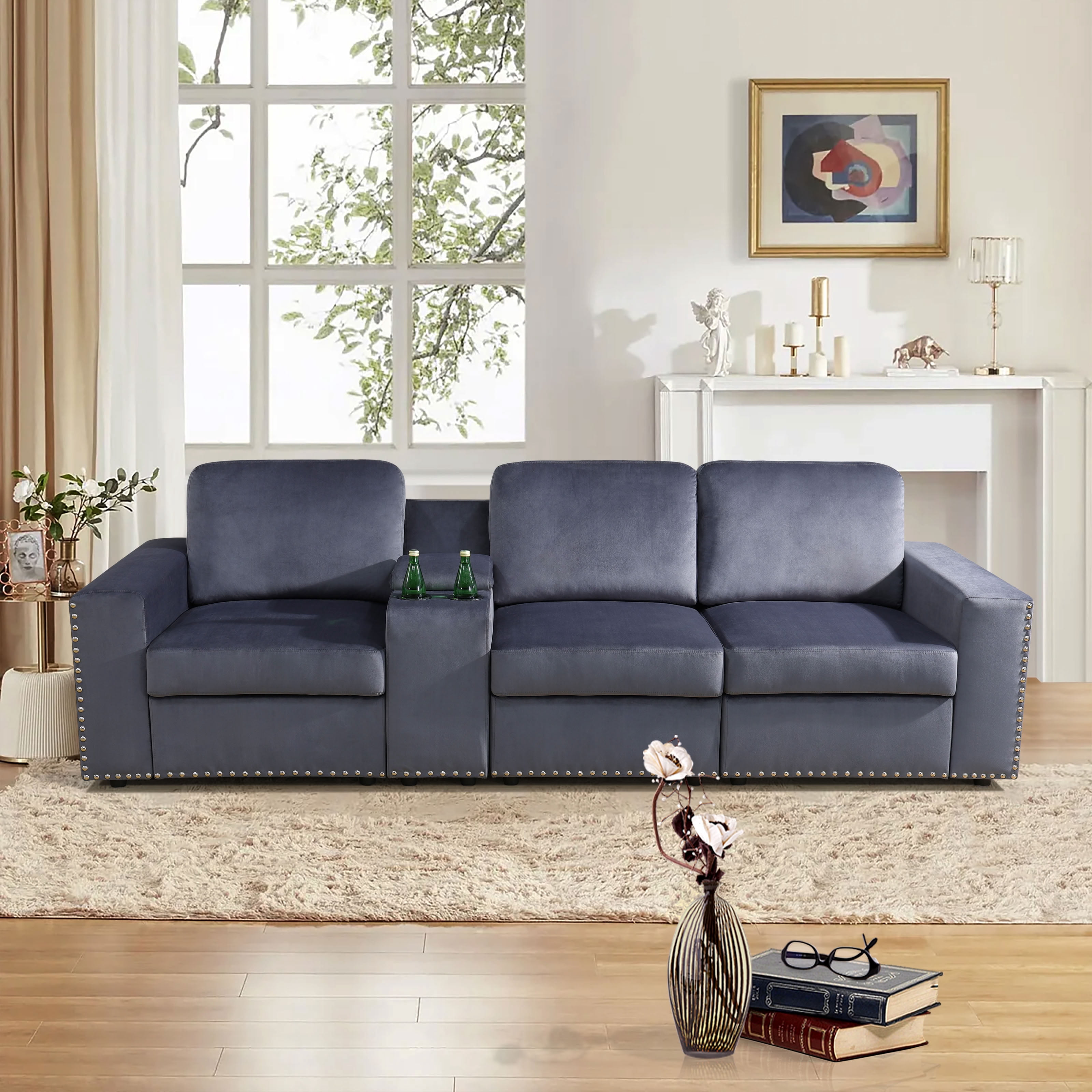 MAYEERTY 3-Seater Sofa, Upholstered Couch with Console, Cup Holders & Anti-Insect Solid Wood Frame, for Living Room Family Room Apartment, Dark Grey