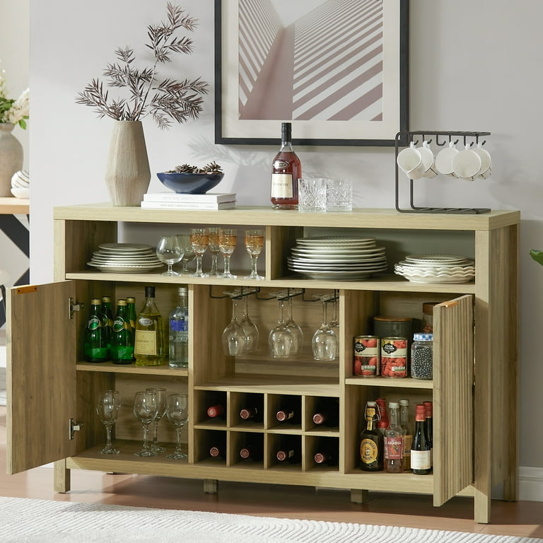 OAKHAM Oxford Bar Cabinet with Wine Racks Fluted Sideboard Buffet Cabinet with Storage Liquor Cabinet Coffee Bar Cupboard for Kitchen Living Room