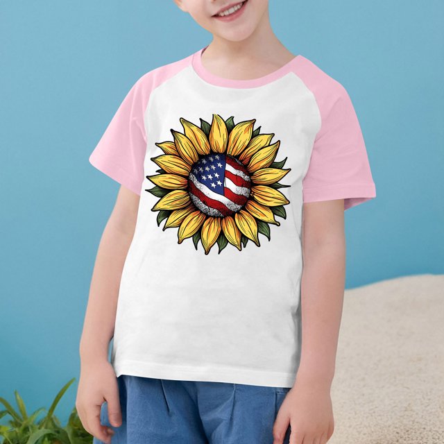 MKOSPLRT Chemises Tournesol Drapeau Américain Enfants Garçons Filles Manches Courtes à Blocs de Couleur Chemises Raglan Col Rond Chemises du 4 Juillet 3-14 Ans
