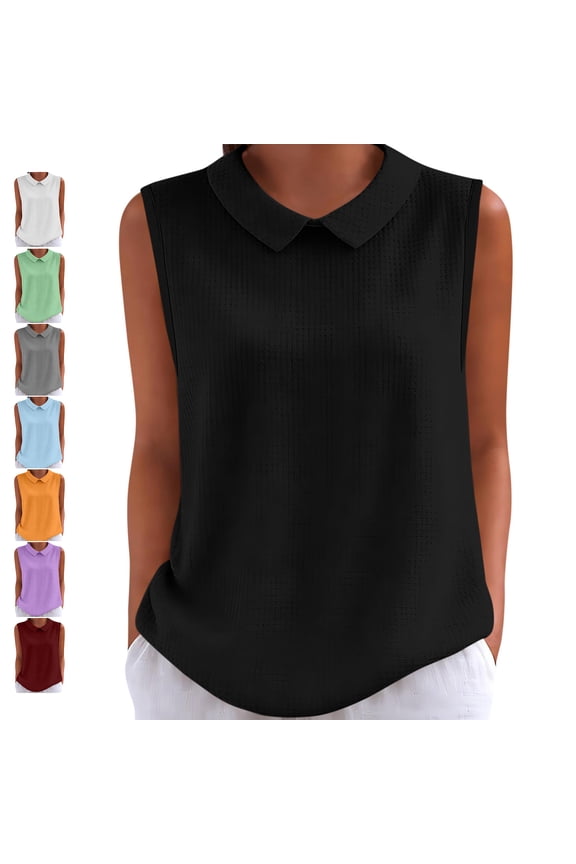 Women's Peter Pan Collared Tank Tops Dressy Casual Back Cutout with Button Closure Waffle Vest Relaxed Fit Thin Solid Color Sleeveless Shirts M