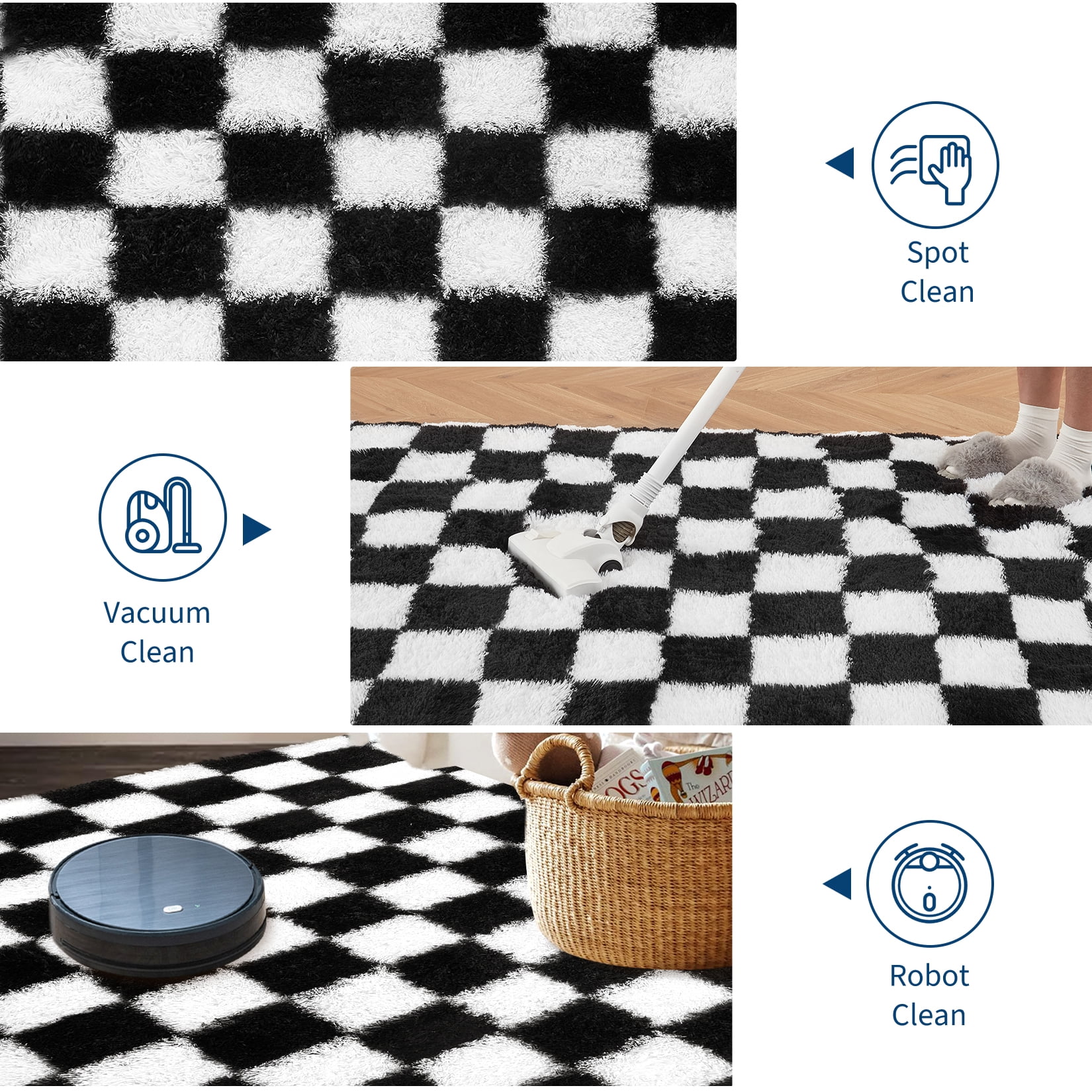 COZONY 8x10 Checkered Thick Area Rug, Large Ultra Soft Shag Plush Carpet for Living Room, Non-Slip Backing, Black