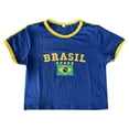 thumbnail image 4 of EliteGoogv Women T-Shirt Football Girls Fans Brasil Print Crew Neck Short Sleeve Contrast Trim Slim Fit Crop Top Retro Streetwear Sporty Fashion Tops,Blue,M, 4 of 5