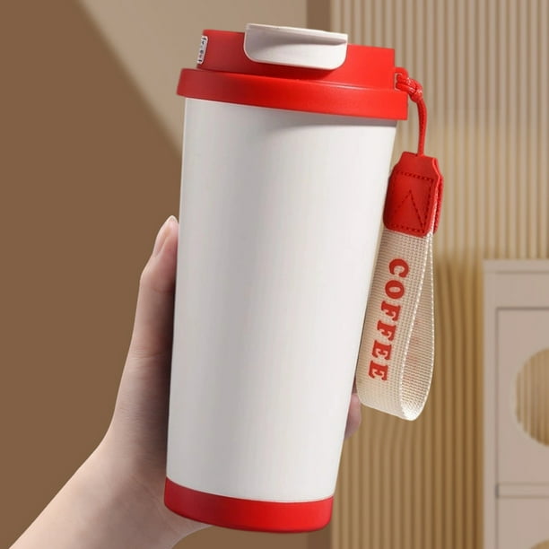 Taza de café aislada de acero inoxidable 500ml | Termo al vacío 304 con pajita, tapa impermeable, correa de nailon | Bebidas calientes y frías, vaso portátil de viaje, blanco/negro/rojo, duradero