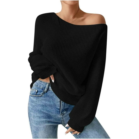 Chbgutlmr Fall Sweaters for Women Baggy Long Sleeve Cold Shoulder Knitted Comfy Pullover Solid Color Casual Sweater