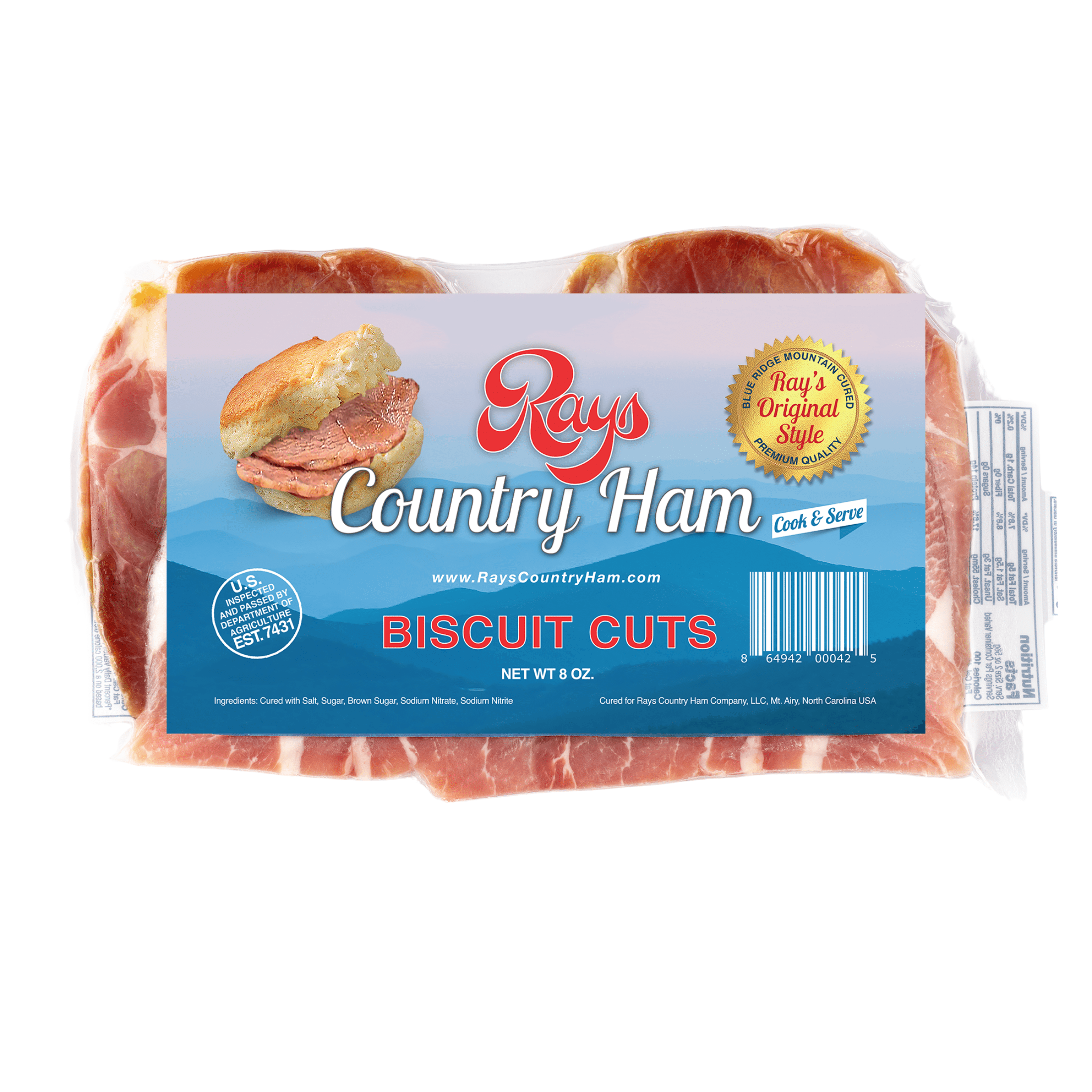 Rays Country Ham Biscuit Cuts, 2.5 lb, Dry-Cured Boneless Slices, Pack 5-8 oz, Vacuum-Sealed, Ready-to-Cook