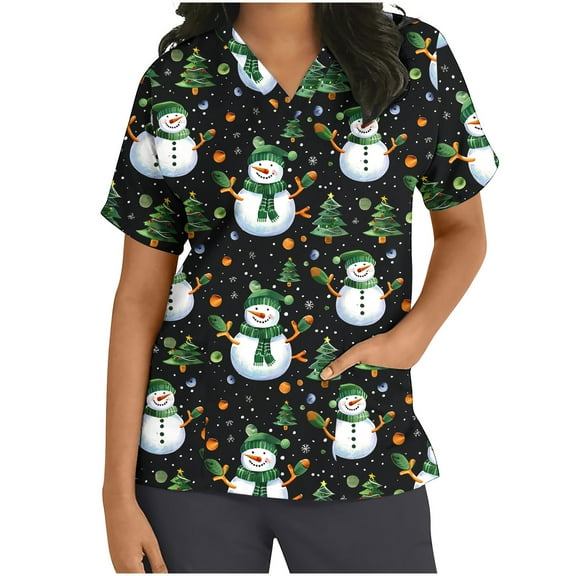 Xfvqtps Christmas Scrub Tops for Women Soft V-Neck Scrubs Comfortable Nursing Uniforms Christmas Printed Short Sleeve Top Protective Clothing Working Uniforms with Pockets White