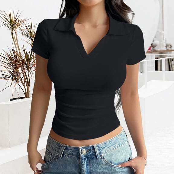 Womens T Shirts Womens Short Sleeve Business Casual Tops Summer V Neck Work Shirts 2026 Basic Collared Shirt Tops for Women