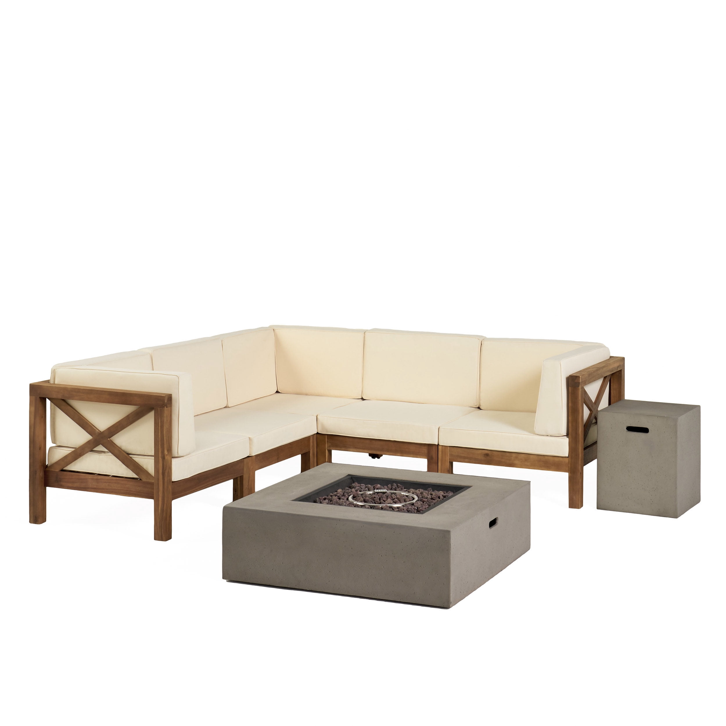 Elisha Outdoor 7 Piece Acacia Wood Sectional Sofa Set with Cushions and Fire Pit, Teak, Beige, Light Gray