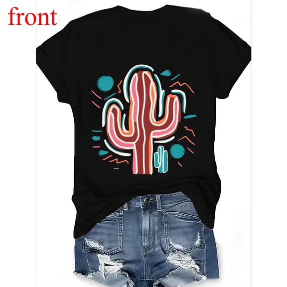 Women's Cactus Graphic Tee, Abstract Jagged Cactus Printed T-Shirt, Causal Short Sleeve Tops,Funny,cotton,black,S-5XL