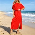 thumbnail image 6 of THDHVS Long Dresses for Women,Solid Color One Shoulder Dress with Cross Waist Elastic Hem Split Hem Pocket Design Casual Beach Summer Outfit,Summer Dress Red M, 6 of 10