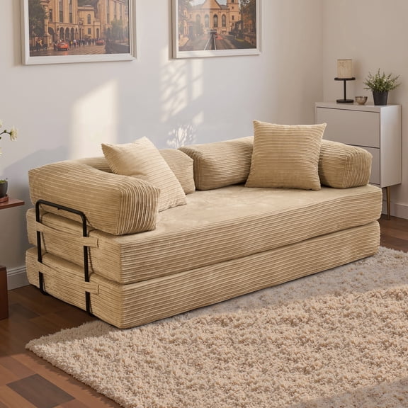 XIZZI 80.5" Convertible Sleeper Sofa Bed, Cloud Boneless Couch with Plush Corduroy, Sturdy Sprung Support, Oversize Comfy Loveseat for Living Room Bedroom, Beige