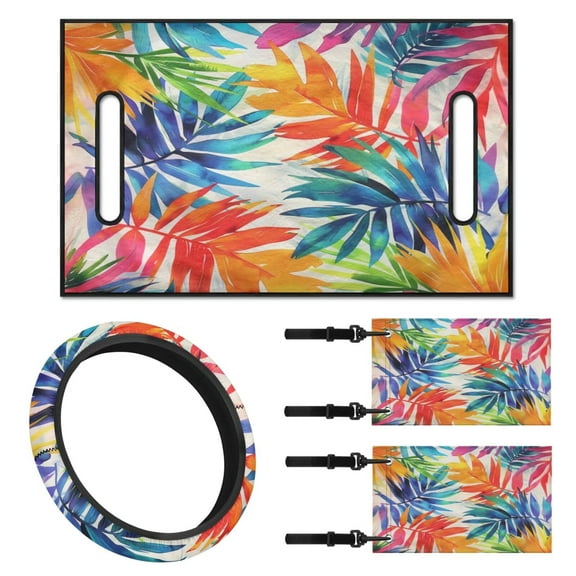 Jeiento Colorful Leaves Golf Cart Accessories 4 Piece Golf Cart Seat Cover Golf Cart Steering Wheel Cover Golf Cart Flags Golf Cart Seat Protector 13-14 Inch Steering Wheel Covers Small Flags