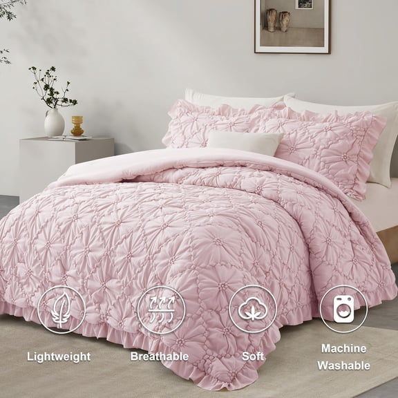 King Size Comforter Sets, Pink Bedding Comforter Set, 3 Pieces Pinch Pleat Bedding Sets with Comforter and Pillowcases Soft Farmhouse Shabby Chic Comforter for All Seasons