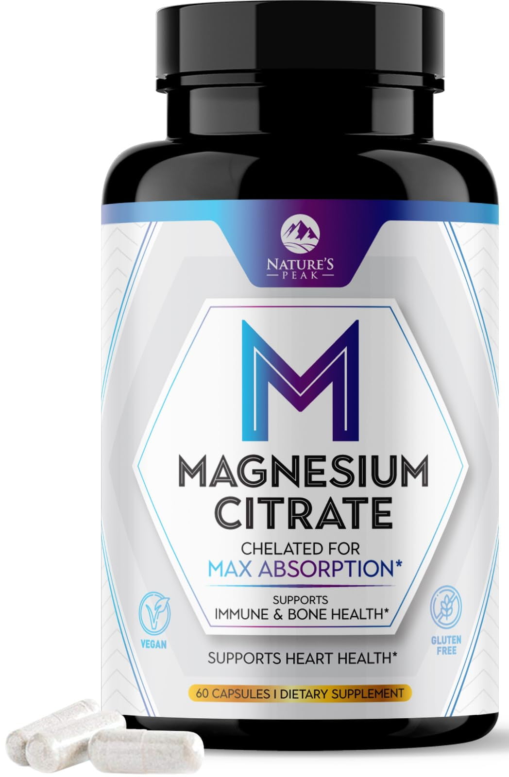 Magnesium Citrate Capsules - Max Absorption Magnesium Powder - Muscle, Bone, Nerve & Heart Health Support - Premium Formula is Powerful & Gentle for Women & Men - Bottled in USA - 60 Capsules