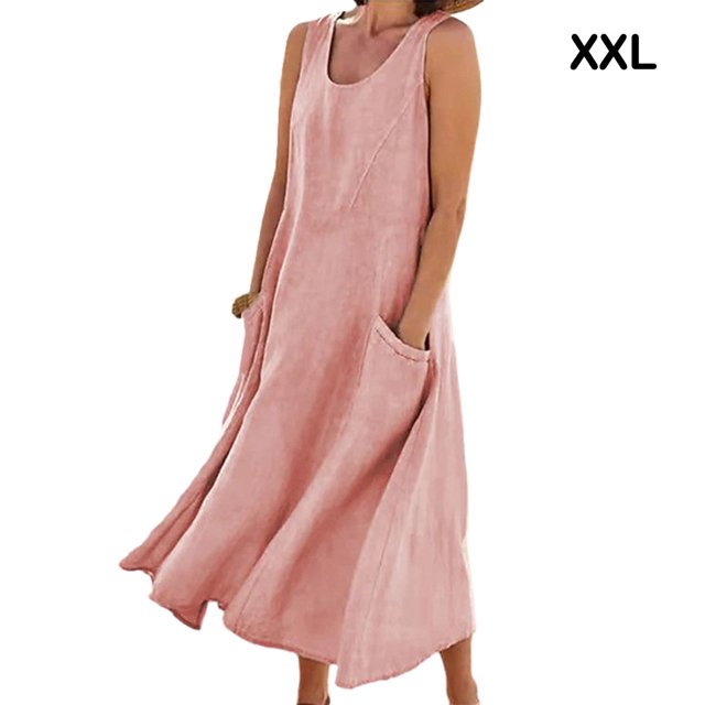 pitrice Femmes Été Coton Lin Robe Sans Manches Col Rond Boho Vintage Style Plage Couleur Unie en Vrac Kaftan Porter Tous les Jours Rose/XXL 1Set