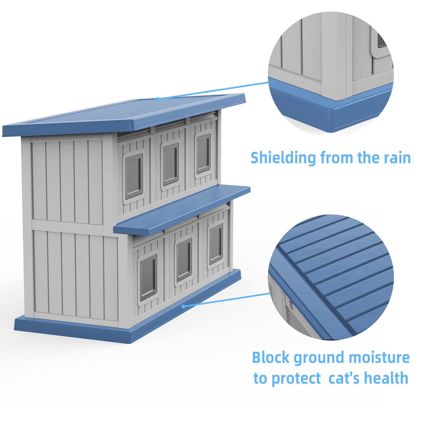 ENNSOO Cat House Weatherproof Double Decker Insulated Thick Panel Structure Easy Clean Design For Outdoor Garden Patio Feral Cat Shelter