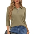 thumbnail image 2 of Qwertyu Polo Shirts for Women 3/4 Sleeve Tops Golf Tees Button Collared Cotton Shirt Business Casual Light Brown L, 2 of 5