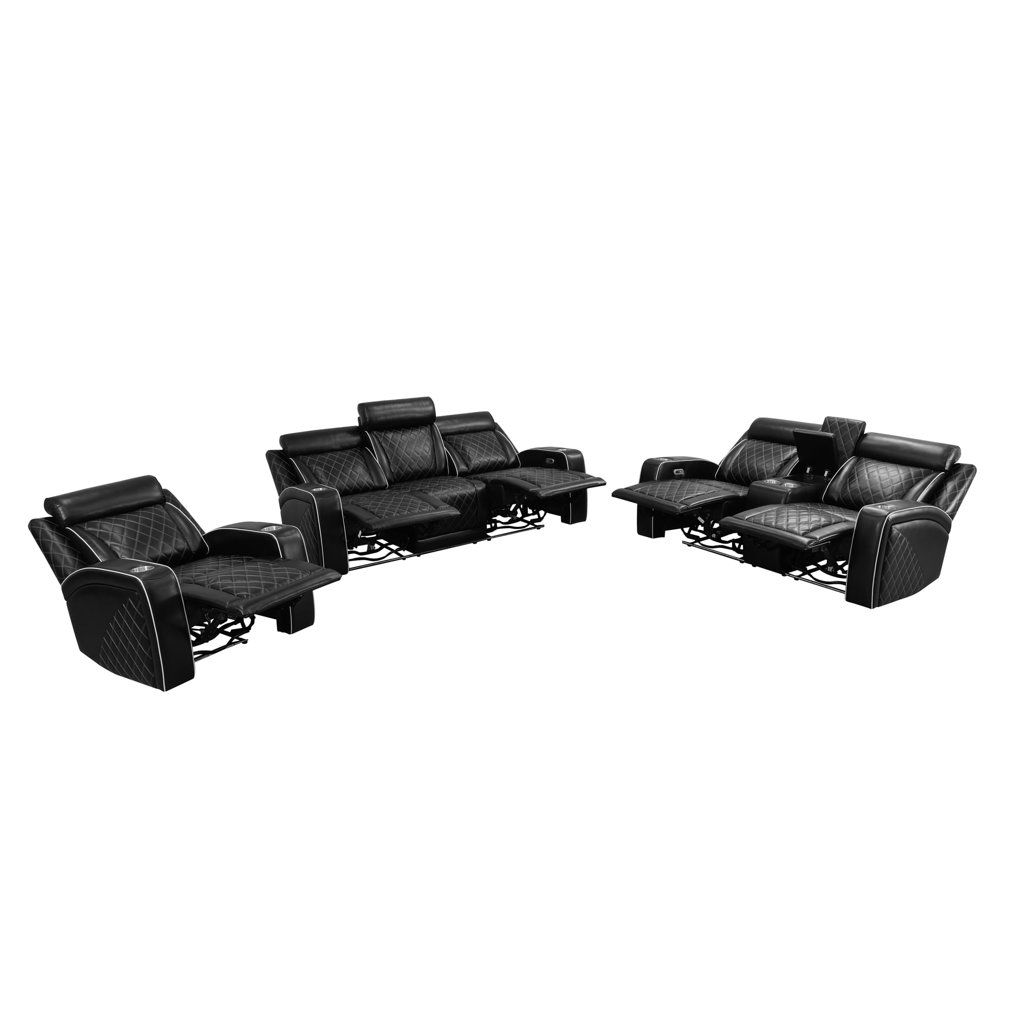Gewnee 3-Seat Power Adjustable Sofa with One Recliner, Console & Cup Holders, Air Leather, Adjustable Reclining Angles, Suitable for Living Room, Black