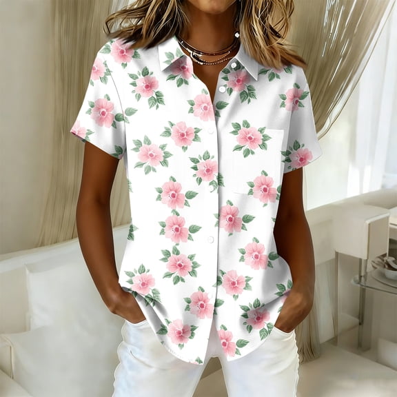 Women's Hawaiian Summer Beach Shirt Floral Tropic Print Short Sleeve V Neck Button Up Tops Light pink L