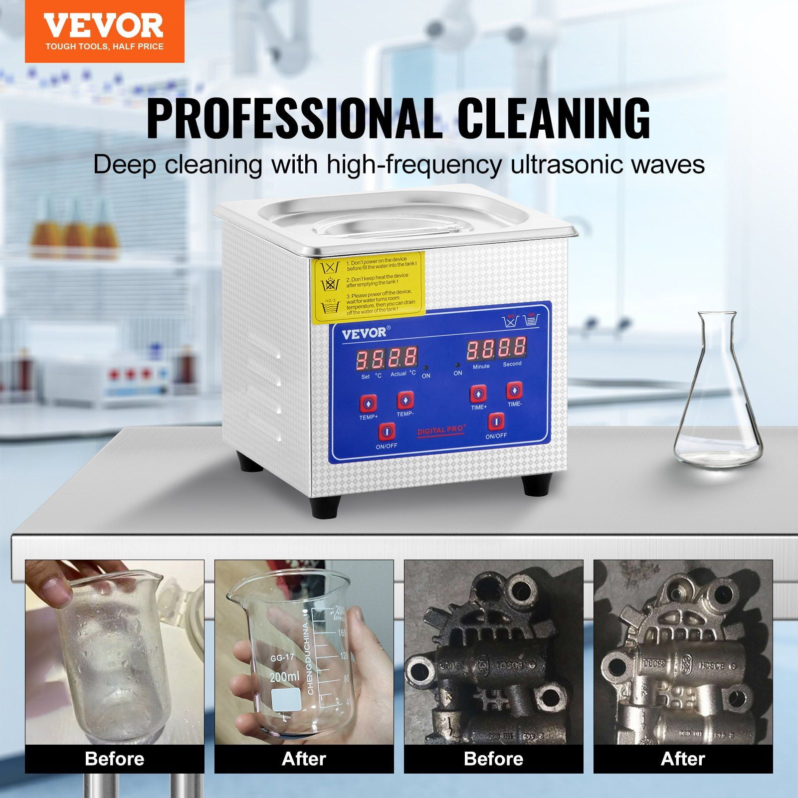 Professional Ultrasonic Cleaner 0.3L with Digital Timer Heater 40kHz Stainless Steel for Jewelry Glasses Watches Rings Small Parts