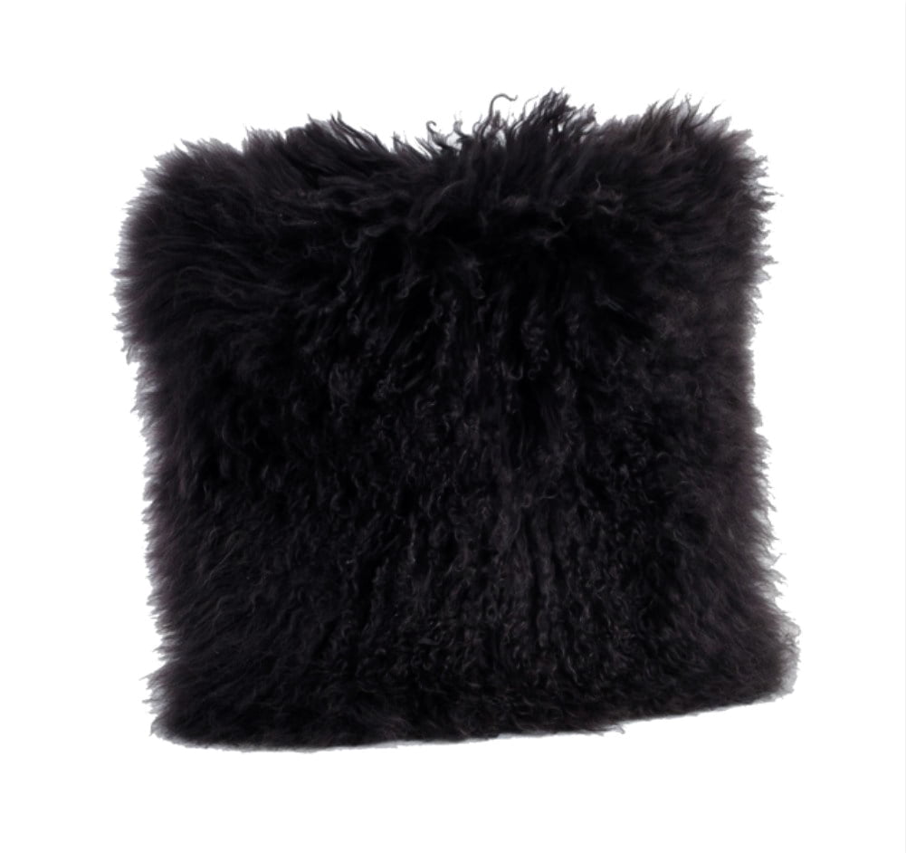 Black Color Real Mongolian Lamb Fur Pillow, Includes Pillow Filling. 20