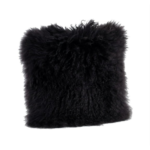 Black Color Real Mongolian Lamb Fur Pillow, Includes Pillow Filling. 20 Inch Square