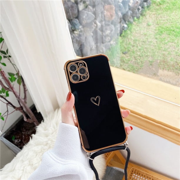 Lindo electrochapado amor corazón collar cordón caso para iPhone 11 12 14 13 Pro Max XS XR X 7 8 Plus Mini SE 3 cordón correa cubierta Deng Xun unisex