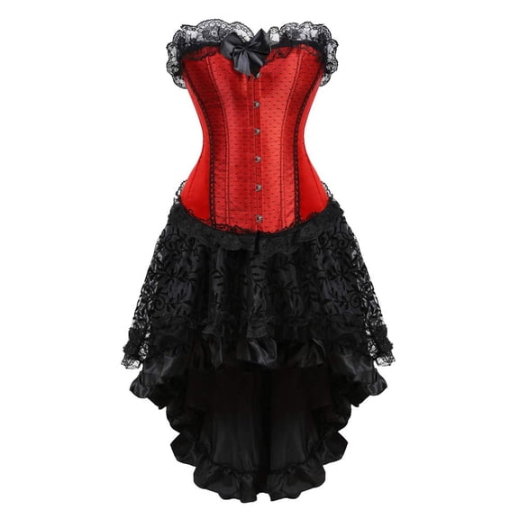 Grebrafan Floral Lace Corsets Bustiers with Burlesque Skirt Women 3XL Red