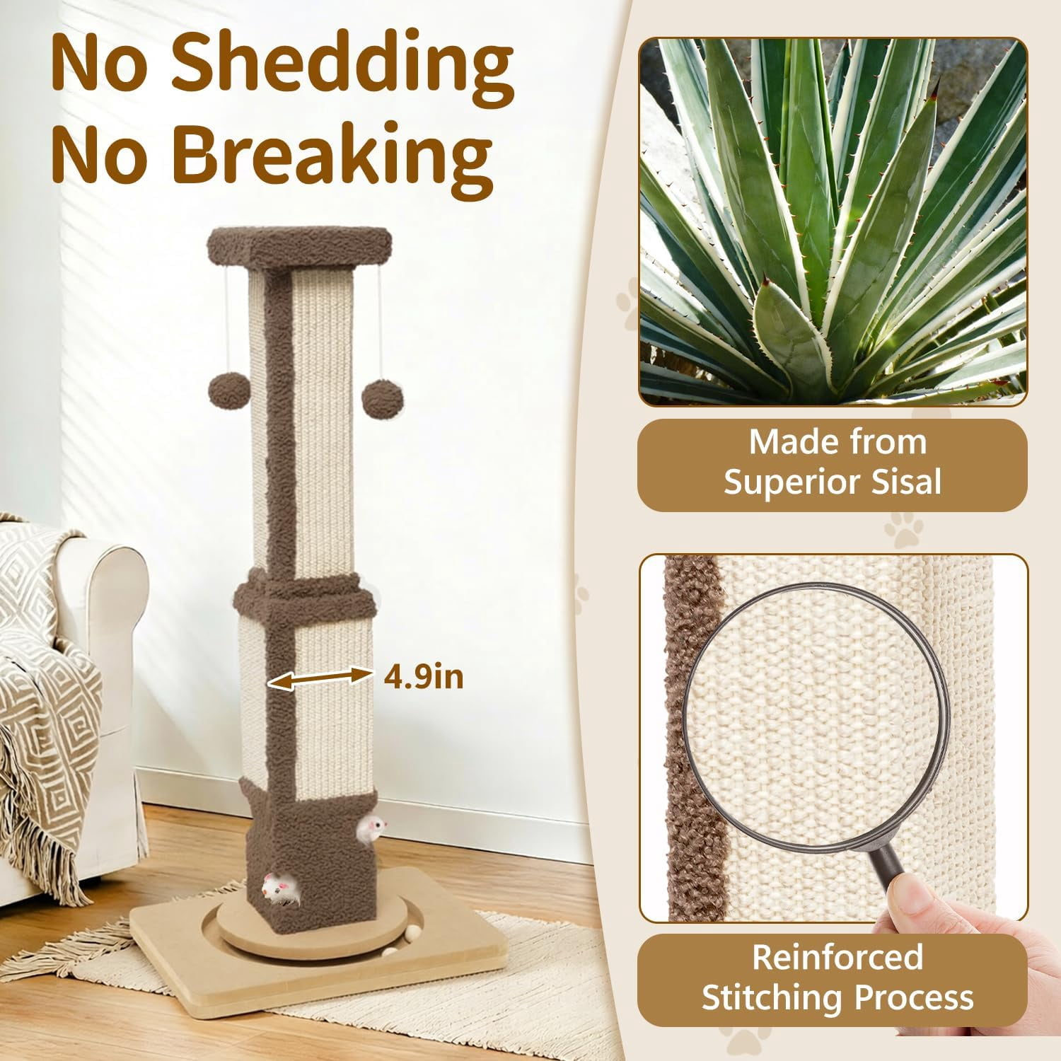 Tall  Scratching Post for Large Cats Kittens, 33 Indoor Sisal Vertical Pole Heavy Duty Square Structure with 4 Interactive Mouse Holes and Track Ball Base, Shields Furniture from Scratches