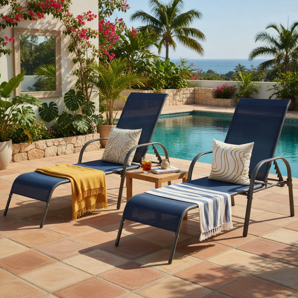 Hommoo 2-Pack Adjustable Outdoor Chaise Lounge Chairs, Fabric & Steel Patio Recliners with 5-Position Backrest, Poolside & Backyard Ready, Navy