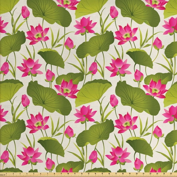 Floral Fabric by the Yard Upholstery, Repeated Lotus Flowers with Leaves in Japanese Art Pattern Colorful, Decorative Fabric for DIY and Home Accents, Eggshell Olive Green Pink by Ambesonne